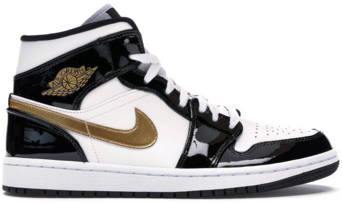 Air Jordan 1 Mid Patent Black White Gold